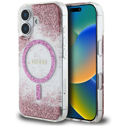 Coque MagSafe pour Apple iPhone 16, Guess, Resin Bottom Glitter, Rose