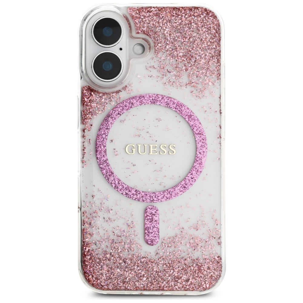 Coque MagSafe pour Apple iPhone 16, Guess, Resin Bottom Glitter, Rose