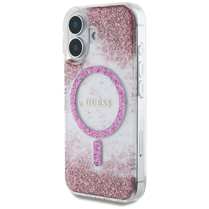 Coque MagSafe pour Apple iPhone 16, Guess, Resin Bottom Glitter, Rose