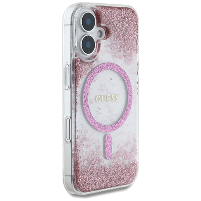Coque MagSafe pour Apple iPhone 16, Guess, Resin Bottom Glitter, Rose