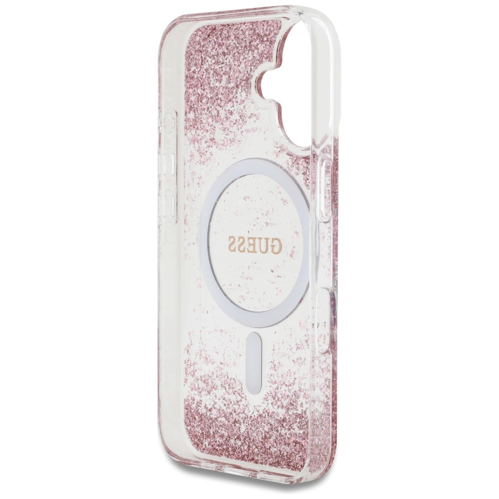 Coque MagSafe pour Apple iPhone 16, Guess, Resin Bottom Glitter, Rose
