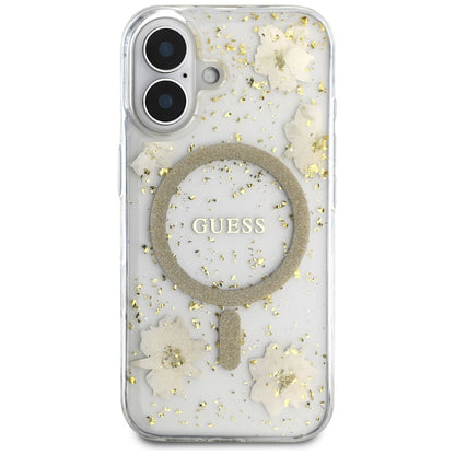 Étui MagSafe pour Apple iPhone 16, Guess, Fleurs en Résine et Paillettes, Beige