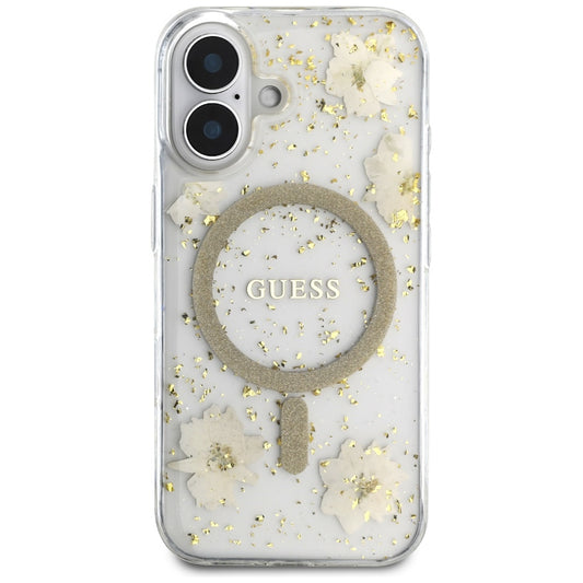 Étui MagSafe pour Apple iPhone 16, Guess, Fleurs en Résine et Paillettes, Beige