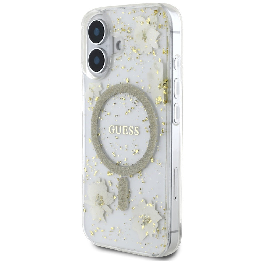 Étui MagSafe pour Apple iPhone 16, Guess, Fleurs en Résine et Paillettes, Beige