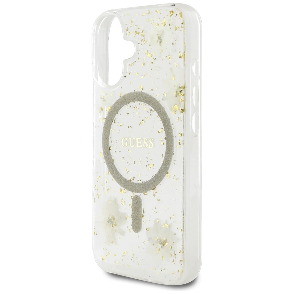 Étui MagSafe pour Apple iPhone 16, Guess, Fleurs en Résine et Paillettes, Beige
