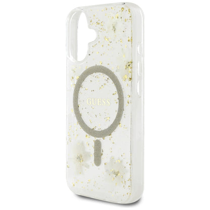 Étui MagSafe pour Apple iPhone 16, Guess, Fleurs en Résine et Paillettes, Beige