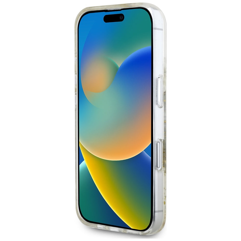 Étui MagSafe pour Apple iPhone 16, Guess, Fleurs en Résine et Paillettes, Beige