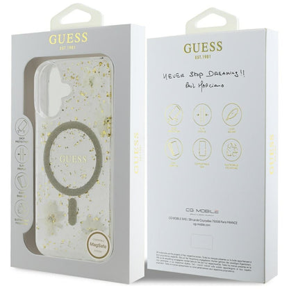 Étui MagSafe pour Apple iPhone 16, Guess, Fleurs en Résine et Paillettes, Beige