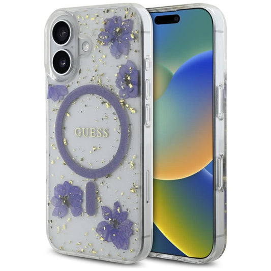 Coque MagSafe pour Apple iPhone 16, Guess, Fleurs en Résine et Paillettes, Mauve