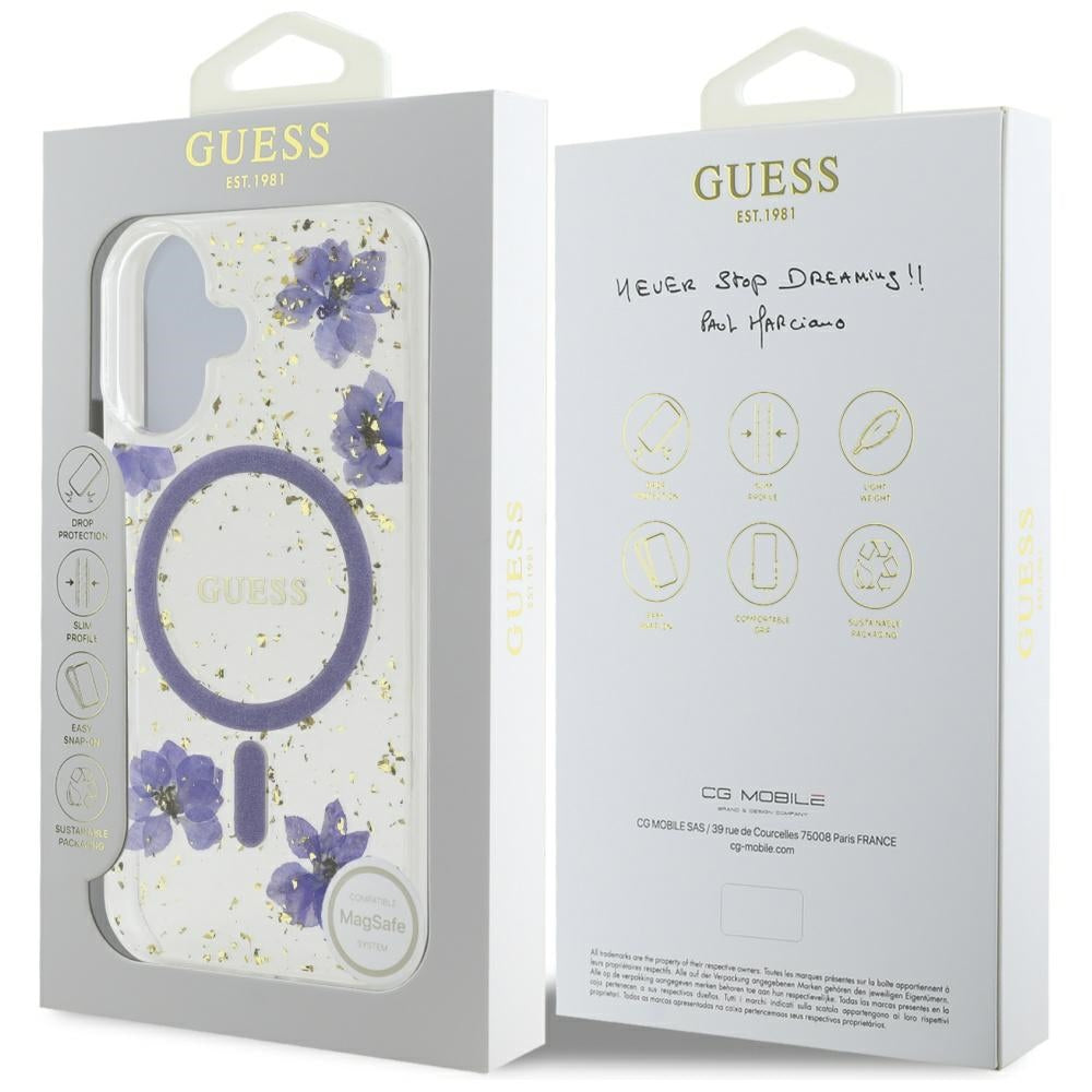 MagSafe Case for Apple iPhone 16, Guess, Resin Flowers and Glitter, Purple