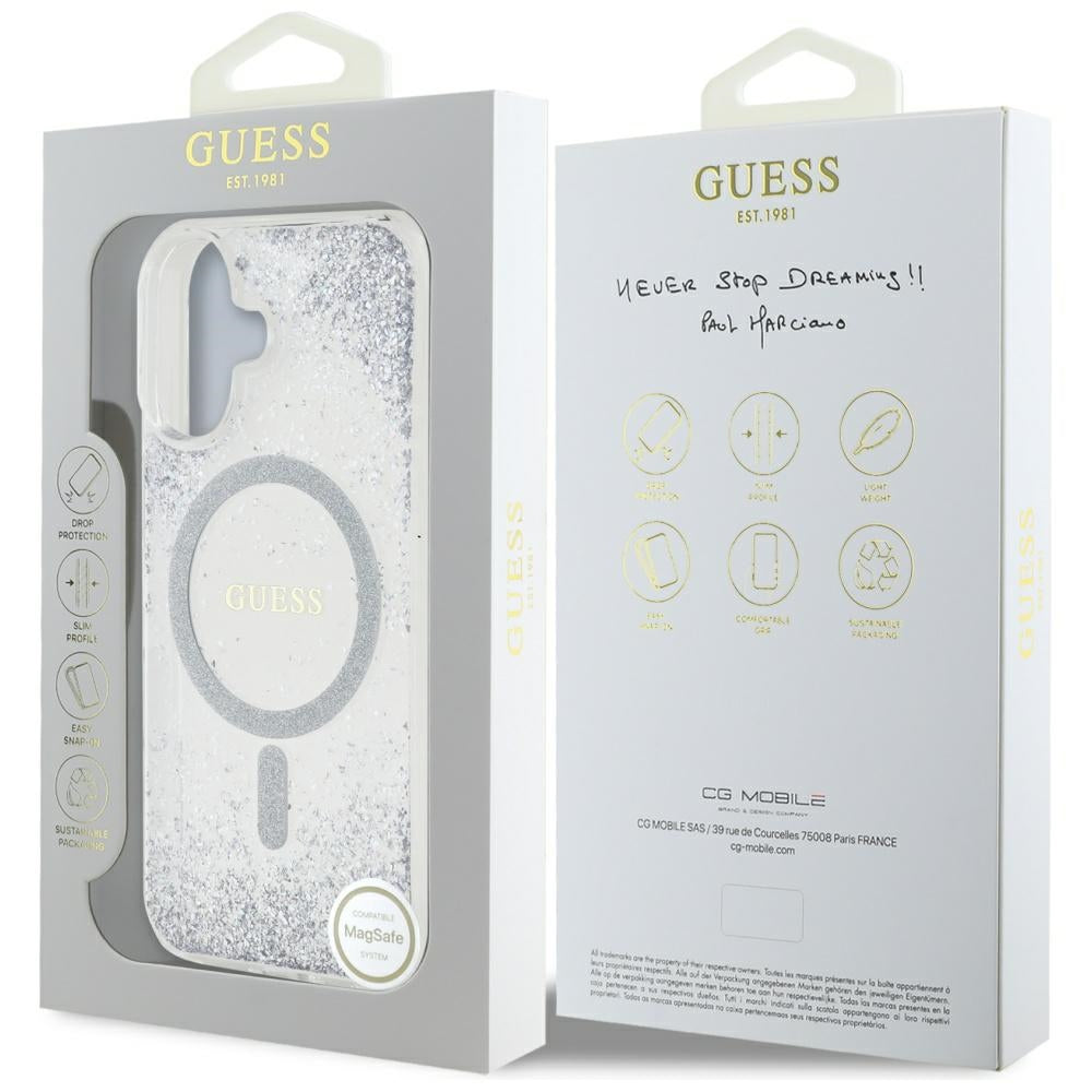 Coque MagSafe pour Apple iPhone 16, Guess, Resin Gradient Glitter, Argentée