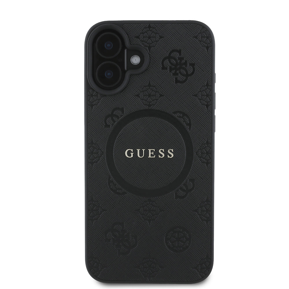 Coque MagSafe pour Apple iPhone 16, Guess, Saffiano Peony Classic Logo, Noire