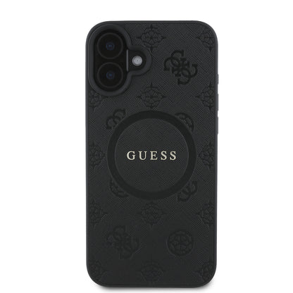 Coque MagSafe pour Apple iPhone 16, Guess, Saffiano Peony Classic Logo, Noire