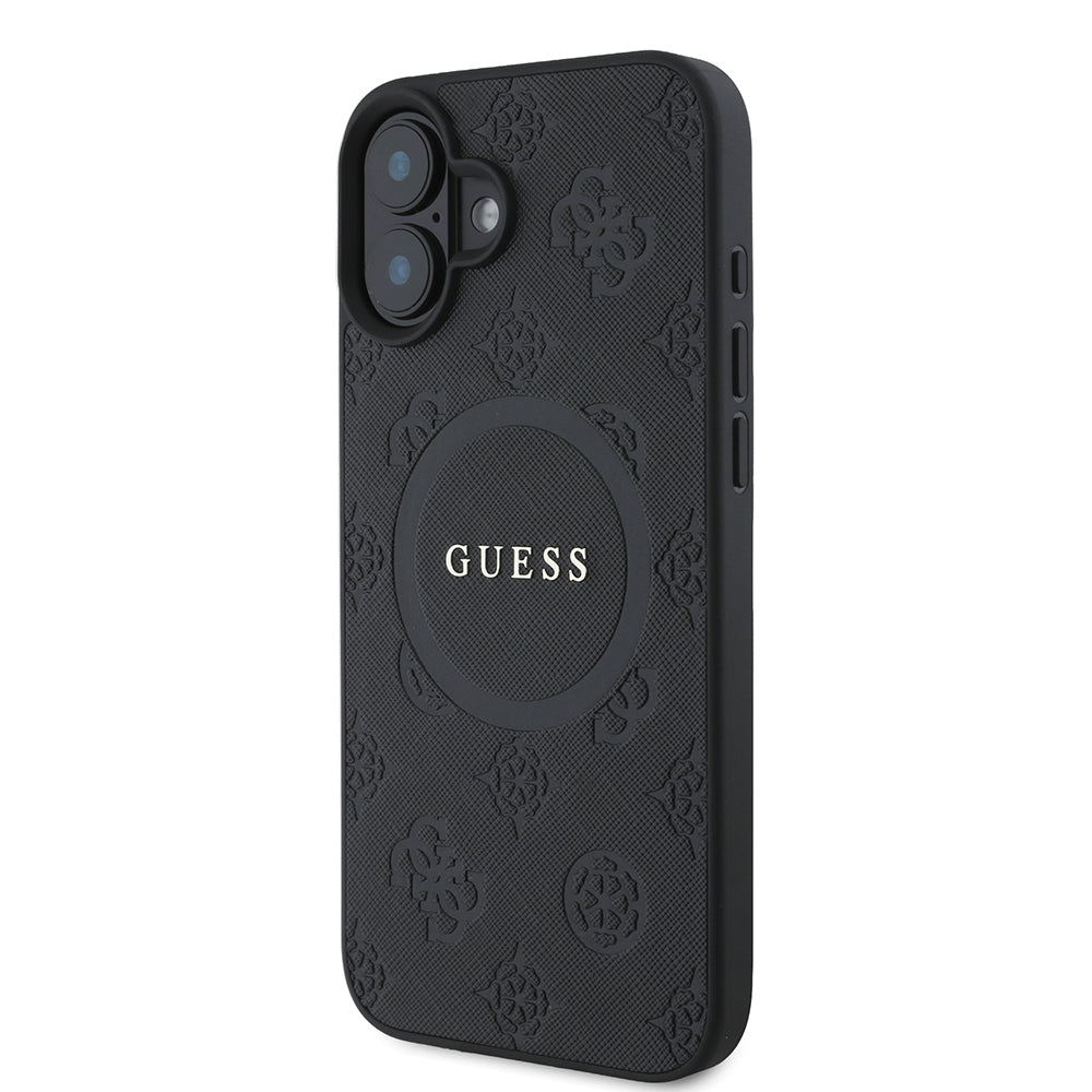 Coque MagSafe pour Apple iPhone 16, Guess, Saffiano Peony Classic Logo, Noire