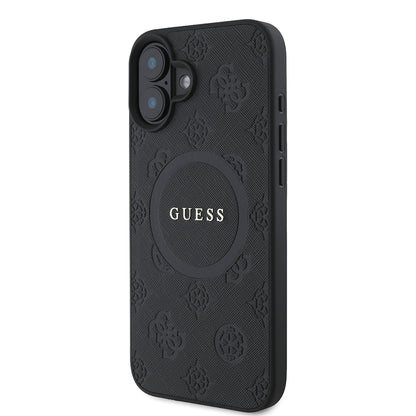 Coque MagSafe pour Apple iPhone 16, Guess, Saffiano Peony Classic Logo, Noire