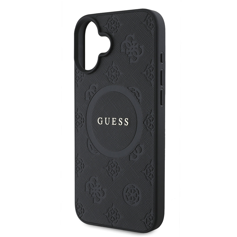 Coque MagSafe pour Apple iPhone 16, Guess, Saffiano Peony Classic Logo, Noire