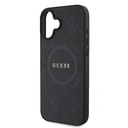 Coque MagSafe pour Apple iPhone 16, Guess, Saffiano Peony Classic Logo, Noire