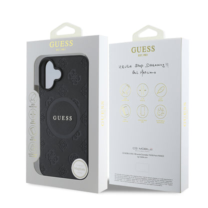 Coque MagSafe pour Apple iPhone 16, Guess, Saffiano Peony Classic Logo, Noire