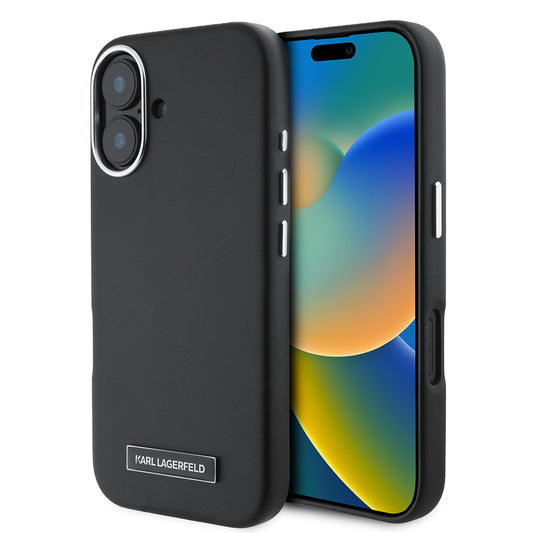 Étui MagSafe pour Apple iPhone 16, Karl Lagerfeld, Plaque Métallique FW, Noir