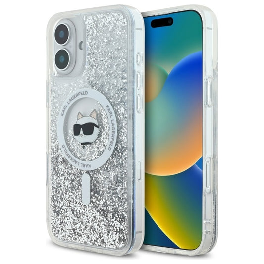 Coque MagSafe pour Apple iPhone 16, Karl Lagerfeld, Glitter Liquid Choupette Head, Transparente