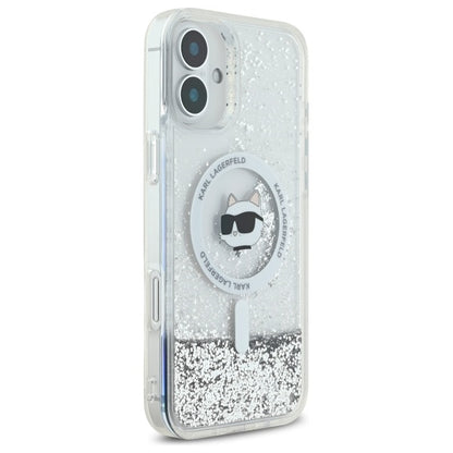 Coque MagSafe pour Apple iPhone 16, Karl Lagerfeld, Glitter Liquid Choupette Head, Transparente