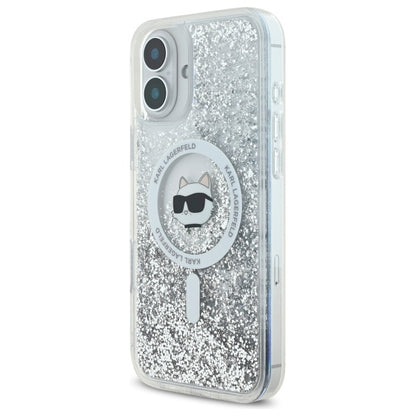 Coque MagSafe pour Apple iPhone 16, Karl Lagerfeld, Glitter Liquid Choupette Head, Transparente