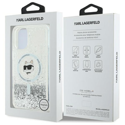 Coque MagSafe pour Apple iPhone 16, Karl Lagerfeld, Glitter Liquid Choupette Head, Transparente