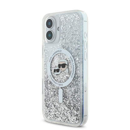 Coque MagSafe pour Apple iPhone 16, Karl Lagerfeld, Glitter Liquid Karl & Choupette's Heads, Transparente