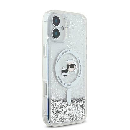 Coque MagSafe pour Apple iPhone 16, Karl Lagerfeld, Glitter Liquid Karl & Choupette's Heads, Transparente