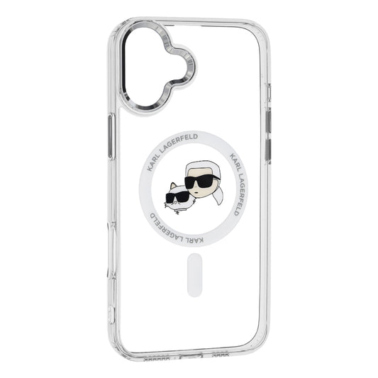 Coque MagSafe pour Apple iPhone 16, Karl Lagerfeld, IML Métal Karl & Choupette's Heads, Blanche