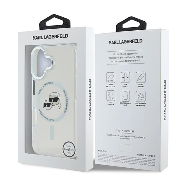 Coque MagSafe pour Apple iPhone 16, Karl Lagerfeld, IML Métal Karl & Choupette's Heads, Blanche