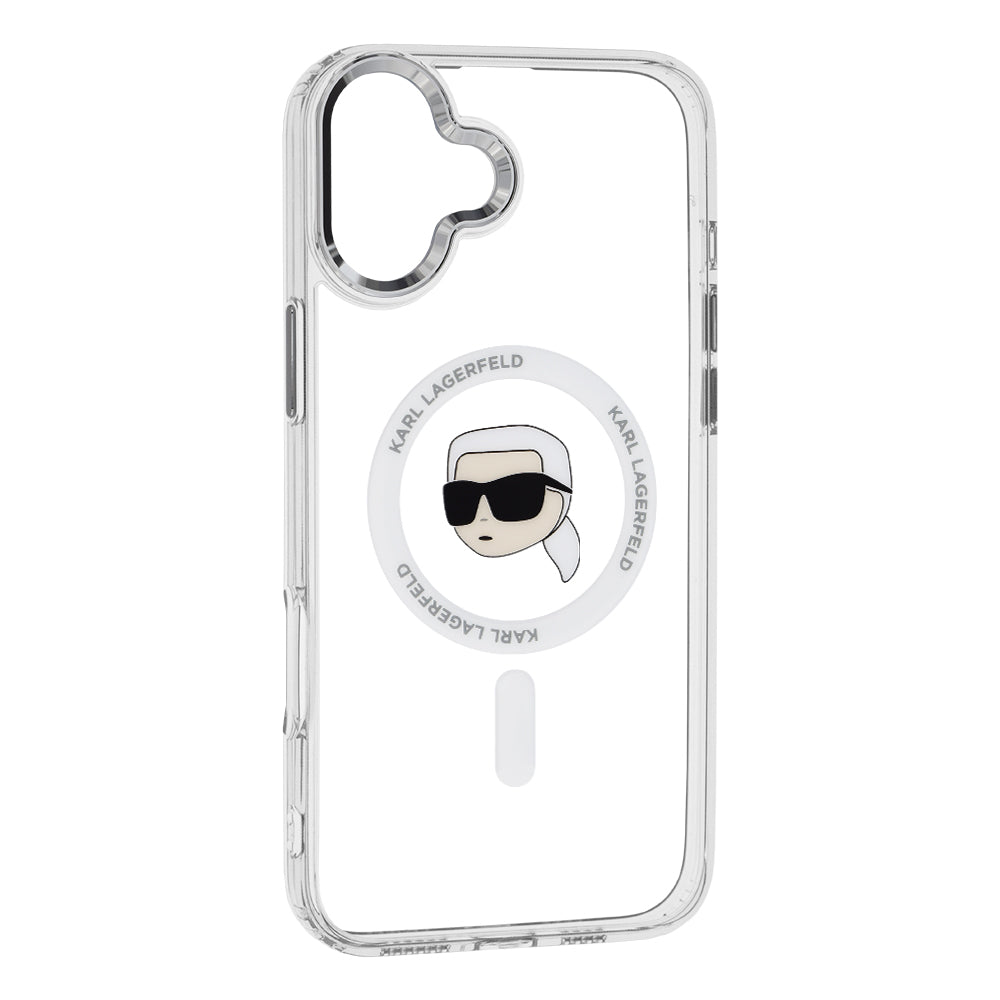Coque MagSafe pour Apple iPhone 16, Karl Lagerfeld, IML Metal Karl's Head, Blanche