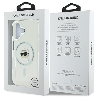 Coque MagSafe pour Apple iPhone 16, Karl Lagerfeld, IML Metal Karl's Head, Blanche