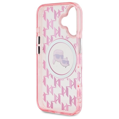 Coque MagSafe pour Apple iPhone 16, Karl Lagerfeld, IML Monogramme Karl & Têtes de Choupette, Rose