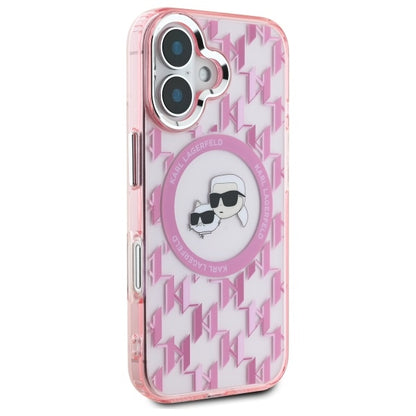 Coque MagSafe pour Apple iPhone 16, Karl Lagerfeld, IML Monogramme Karl & Têtes de Choupette, Rose