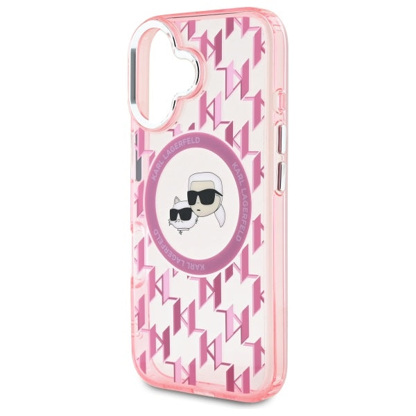Coque MagSafe pour Apple iPhone 16, Karl Lagerfeld, IML Monogramme Karl & Têtes de Choupette, Rose
