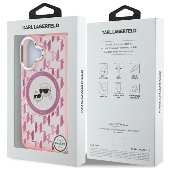 Coque MagSafe pour Apple iPhone 16, Karl Lagerfeld, IML Monogramme Karl & Têtes de Choupette, Rose