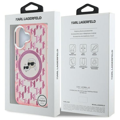 Coque MagSafe pour Apple iPhone 16, Karl Lagerfeld, IML Monogramme Karl & Têtes de Choupette, Rose