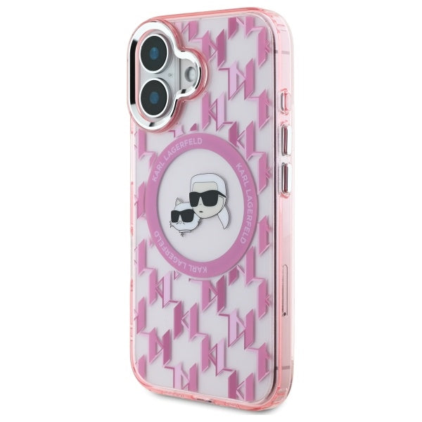Coque MagSafe pour Apple iPhone 16, Karl Lagerfeld, IML Monogramme Karl & Têtes de Choupette, Rose