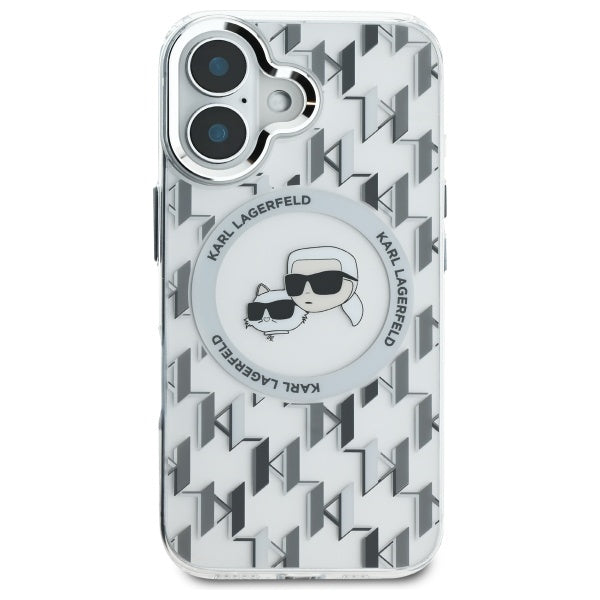 Coque MagSafe pour Apple iPhone 16, Karl Lagerfeld, IML Monogramme Karl & Têtes de Choupette, Transparente