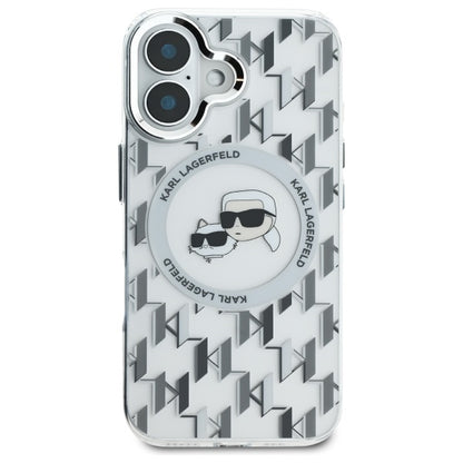 Coque MagSafe pour Apple iPhone 16, Karl Lagerfeld, IML Monogramme Karl & Têtes de Choupette, Transparente