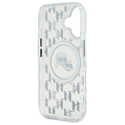 Coque MagSafe pour Apple iPhone 16, Karl Lagerfeld, IML Monogramme Karl & Têtes de Choupette, Transparente