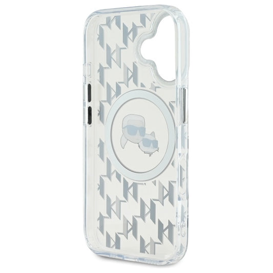 Coque MagSafe pour Apple iPhone 16, Karl Lagerfeld, IML Monogramme Karl & Têtes de Choupette, Transparente