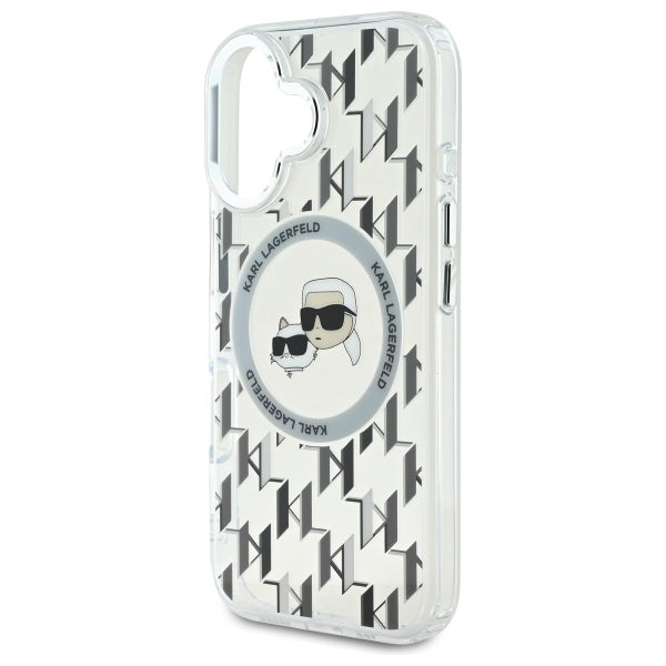 Coque MagSafe pour Apple iPhone 16, Karl Lagerfeld, IML Monogramme Karl & Têtes de Choupette, Transparente