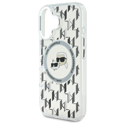 Coque MagSafe pour Apple iPhone 16, Karl Lagerfeld, IML Monogramme Karl & Têtes de Choupette, Transparente