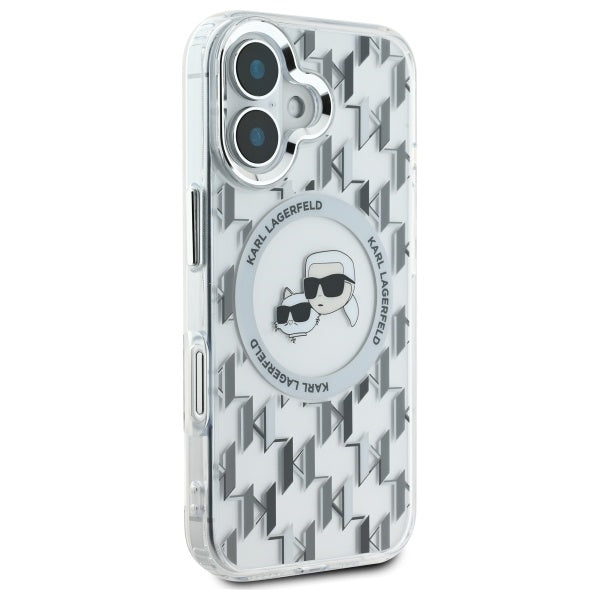 Coque MagSafe pour Apple iPhone 16, Karl Lagerfeld, IML Monogramme Karl & Têtes de Choupette, Transparente