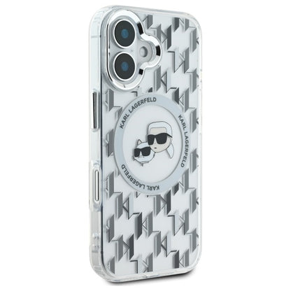 Coque MagSafe pour Apple iPhone 16, Karl Lagerfeld, IML Monogramme Karl & Têtes de Choupette, Transparente