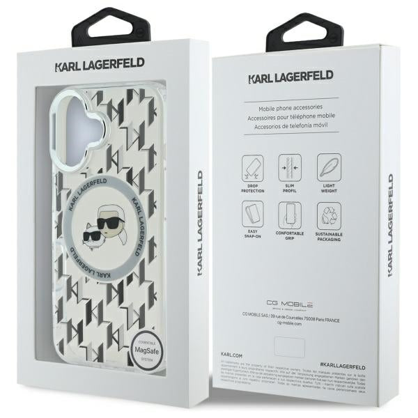 Coque MagSafe pour Apple iPhone 16, Karl Lagerfeld, IML Monogramme Karl & Têtes de Choupette, Transparente
