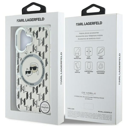 Coque MagSafe pour Apple iPhone 16, Karl Lagerfeld, IML Monogramme Karl & Têtes de Choupette, Transparente
