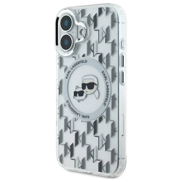 Coque MagSafe pour Apple iPhone 16, Karl Lagerfeld, IML Monogramme Karl & Têtes de Choupette, Transparente